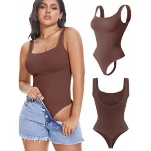 Seamless Women Thong Shapewear Bodysuit Tummy Control Abdomen Compression Body Shaper Tank Top Vest Underwear Backless Wide Shoulder Straps Fit Womenswear Sleeve Fabric
