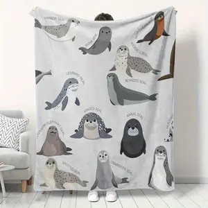 Cozy Plush Flannel Blanket with Adorable Seal Illustrations - Soft, Warm, and Versatile for Sofa, Bed, or Gift - Contemporary Geometric Design in Mixed Colors - Perfect for All Seasons, Gift Blanket | Playful Design | Detailed Illustrations