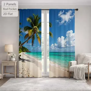 2Pcs Beach Landscape Palm Tree Ocean Scenery Sun Blocking Curtains Digital Printed Rod Pocket, Window Treatment For Bedroom Office Kitchen Living Room Study Home Decor