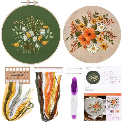 FEPITO Full Range Cross Stitch Kits (2 Sets) - Beginners' Needlework Starter Kit with 16cm-20cm Plastic Hoops, 1 Scissor, Thread, Chrysanthemum Patterns, 2 Embroidery Cloths, Bedroom Craft, Meaningful Office Gift, Embroidery Design