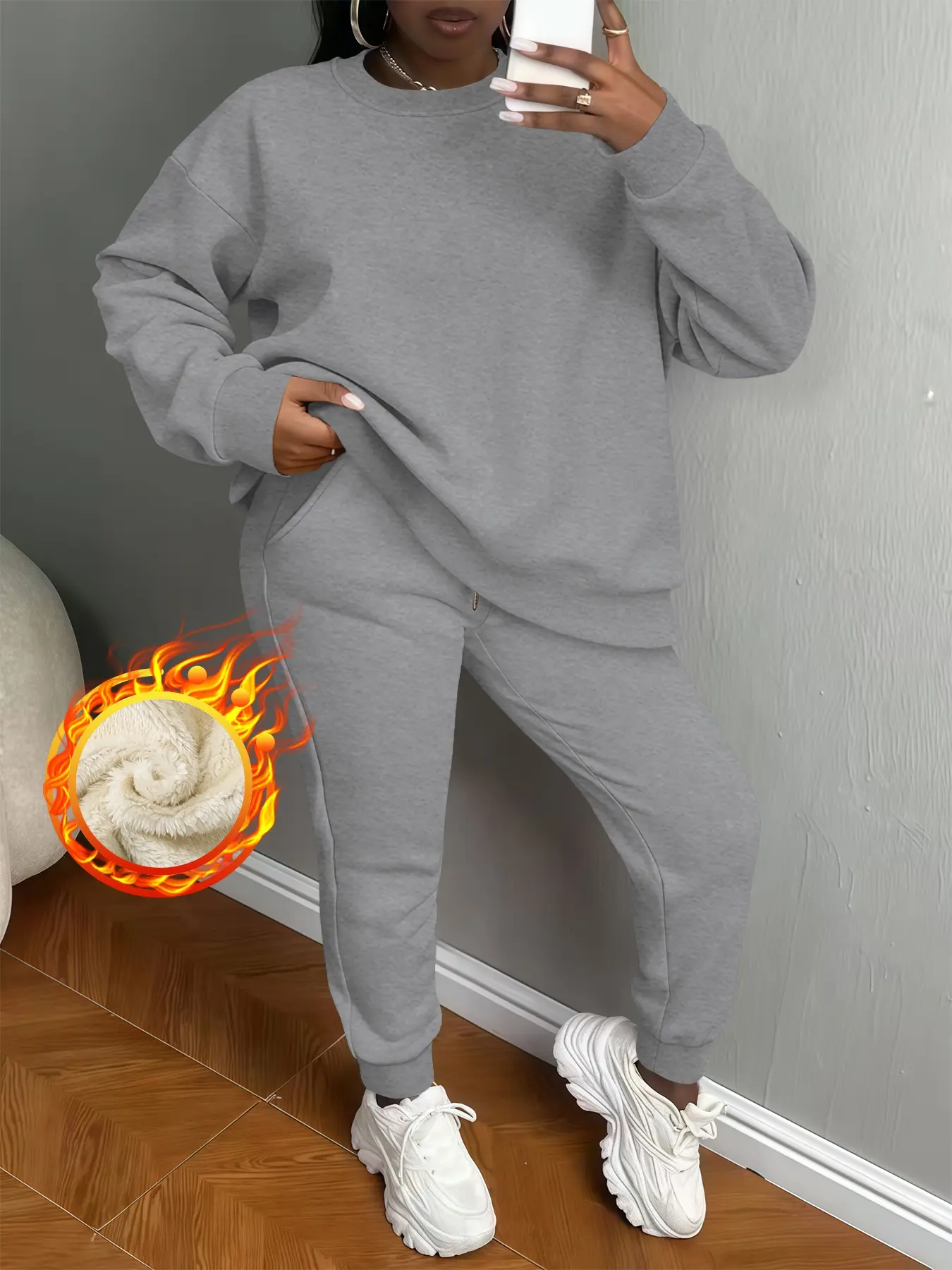 Women's Thick Fleece Round Neck Sweater Set, Casual Fall & Winter Warm, Plain Pattern, Comfortable Large Size Clothing