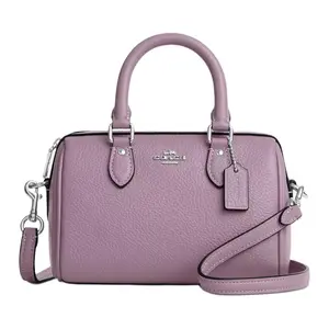 COACH Rowan 18 Mini Handbag for Women – Silver Logo, Detachable Strap, Zip Closure, Refined Pebbled Leather, Purple