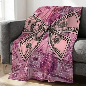 Elegant Pink Glittery Dollar and Bow Flannel Blanket, Cozy Throw Blanket, Soft Warm Blanket for Home Decor, Perfect for Camping, Travel, Office Warmth, A Touch of Luxury and Abundance in Your Space