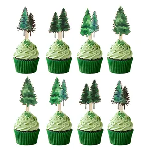 1Set Winter Forest Theme Birthday Baby Shower Wooden Cupcake Toppers 16Pcs Christmas Party CupcakeDesserts Picks Green Winter Party Decorations Supplies Favors