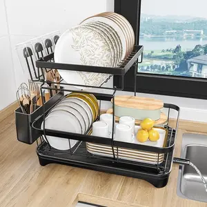 Stainless Steel 2 Tier Dish Drying Rack with Drainboard, Utensil Holder, Cup Holder & Fork Holder for Kitchen Counter - Black Organiser