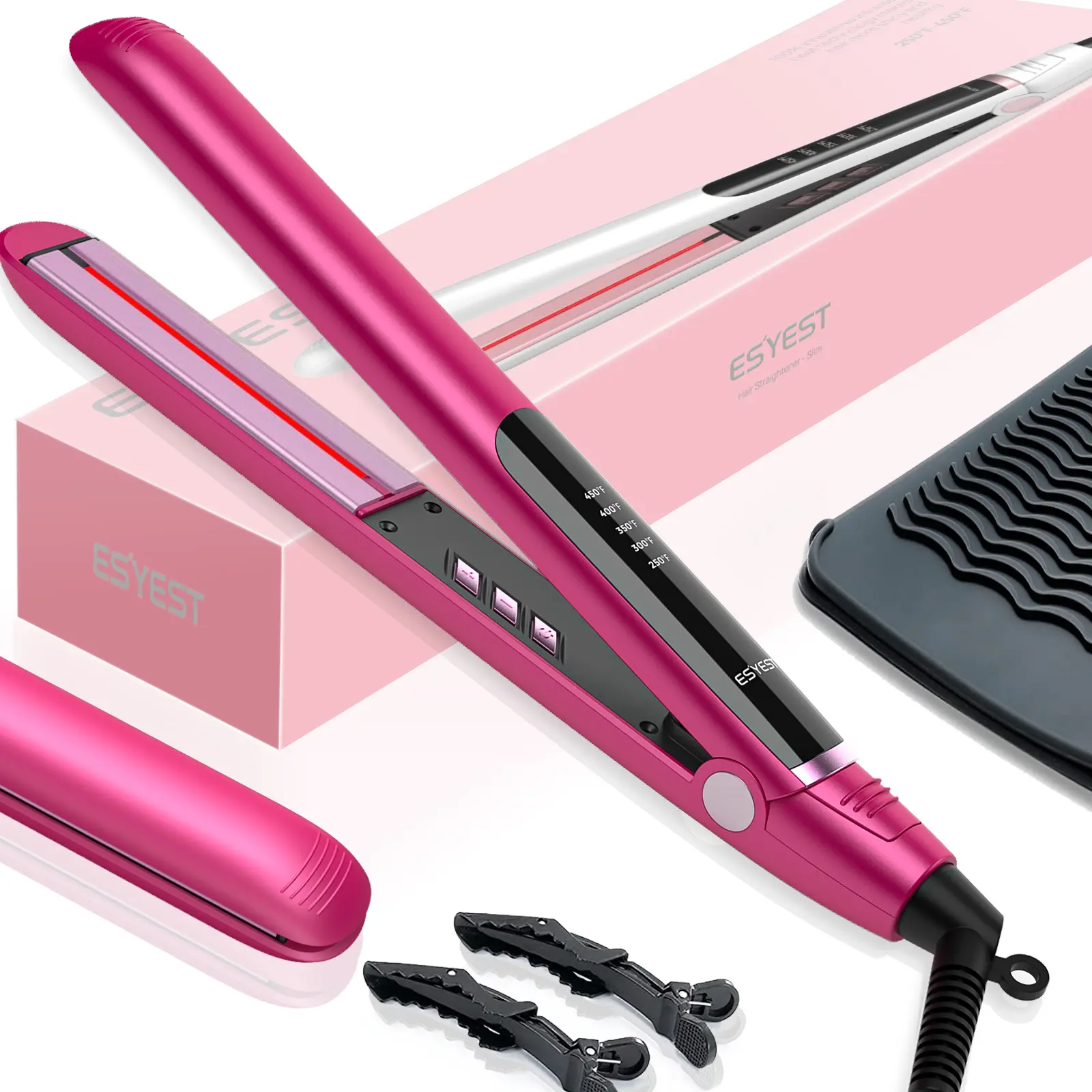 Hair Straightener and curler 2 in 1 - UltraThin Straightening Iron with 3D Floating Ceramic Plates and Digital Controls - Gift Set for Girls Woman, Pink