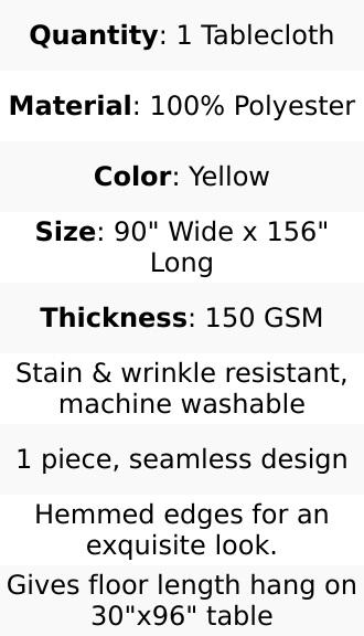 Polyester 90"x156" Rectangle Tablecloth Yellow - Seamless Wrinkle-Resistant Table Cover