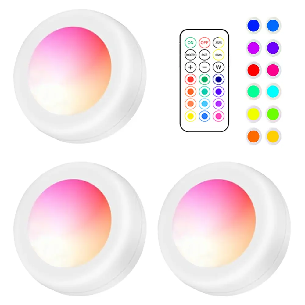 Wireless LED Puck Lights, 13 RGB Colors Changing Decorative Light for Halloween Christmas Party, Stick On Lights Tap Lights for Under Cabinet, Closets