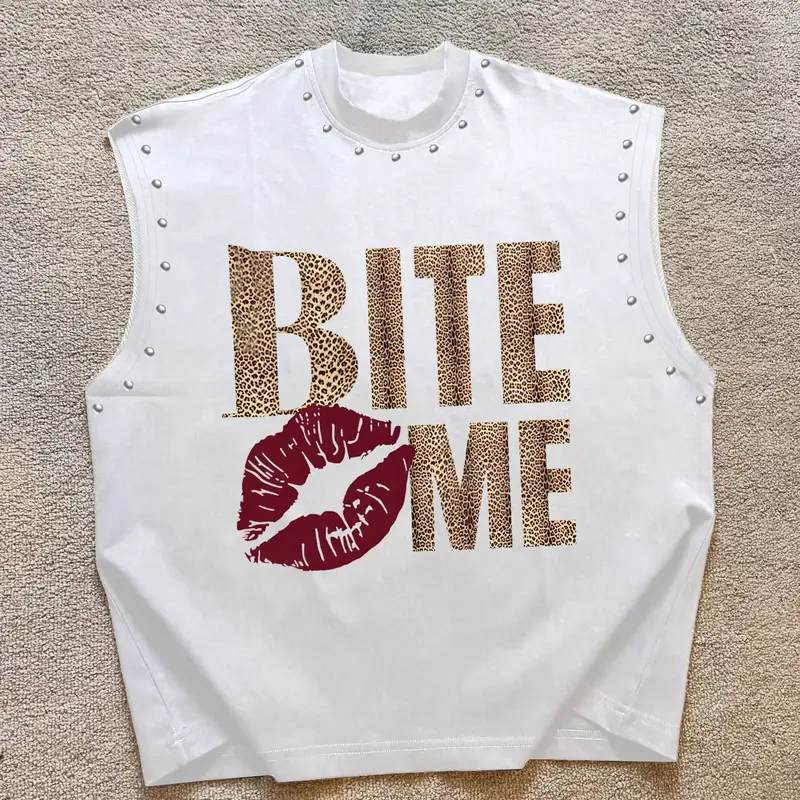 Men's Casual Vest with Stud Design and Leopard Print Letters, Loose Fit Sleeveless Printed Top, Daily Wear, Four Seasons Clothing, Graphic Vest, Sleeveless Clothes