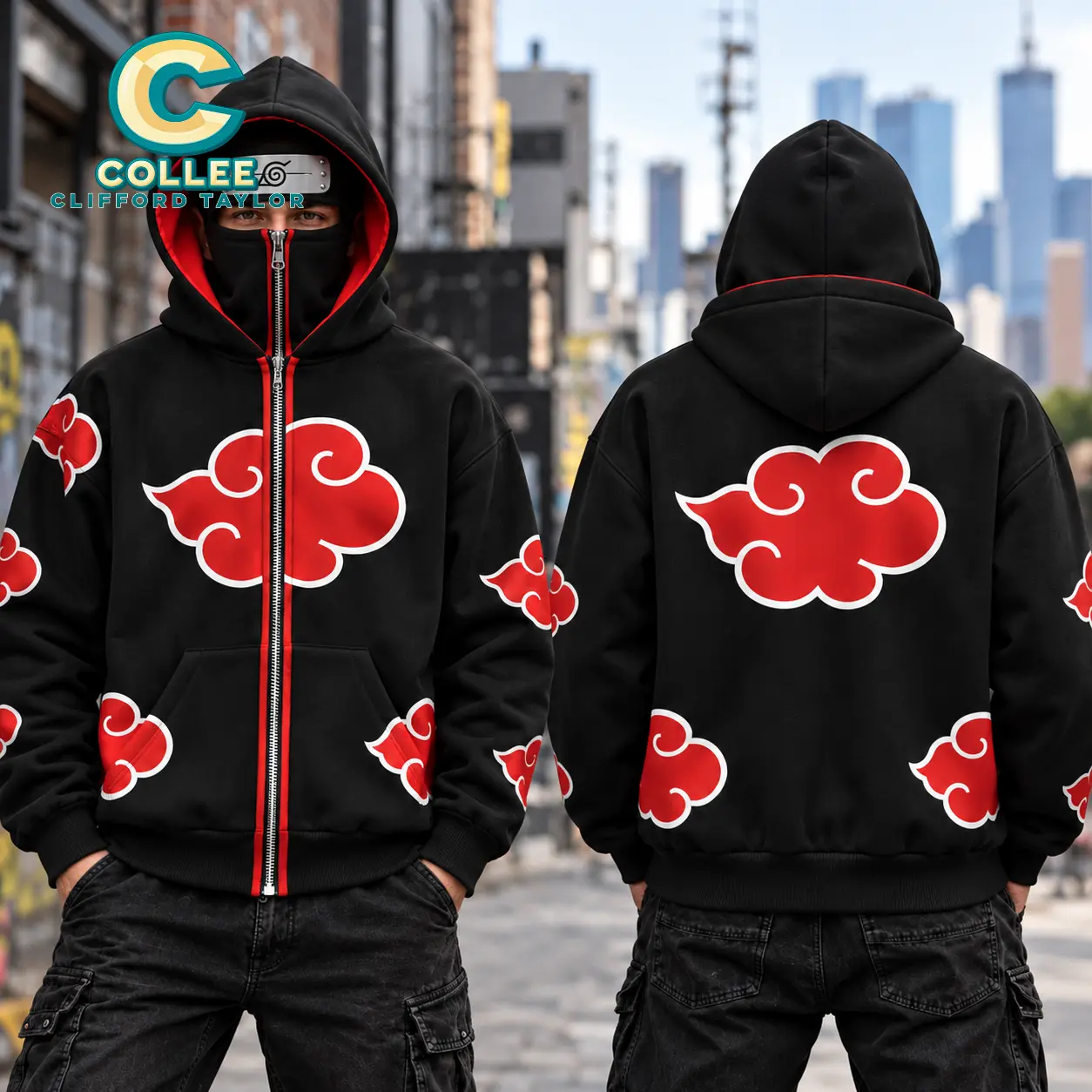 Akatsuki Red Cloud Anime Full Zip Face Cover Hoodie, Black Red Graphic Zip Up Hoodie, Japanese Anime Inspired Streetwear Hooded Jacket, Unisex Y2K Cosplay Sweatshirt