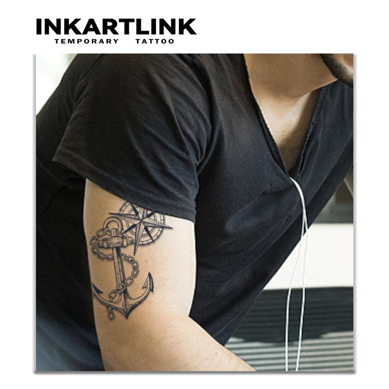 INKARTLINK Tattoo Tech, 2 Sheets Large Semi Permanent Tattoo, Adult Art Design Temporary Tattoos, Lasts 1-2 Weeks, Waterproof, Realistic Look, No Adhesive, No Reflection (Compass Ship Anchor Design)