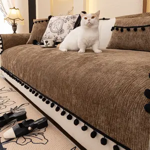 1pc Velvet Textured Sofa Cover with Pom - Pom Trim for Living Room, Pet - Friendly Non - Slip Thickened Couch Protector, Soft Sofa Protector, Machine Washable with Multiple Colors, Fits Single to Multi - seat Sofas