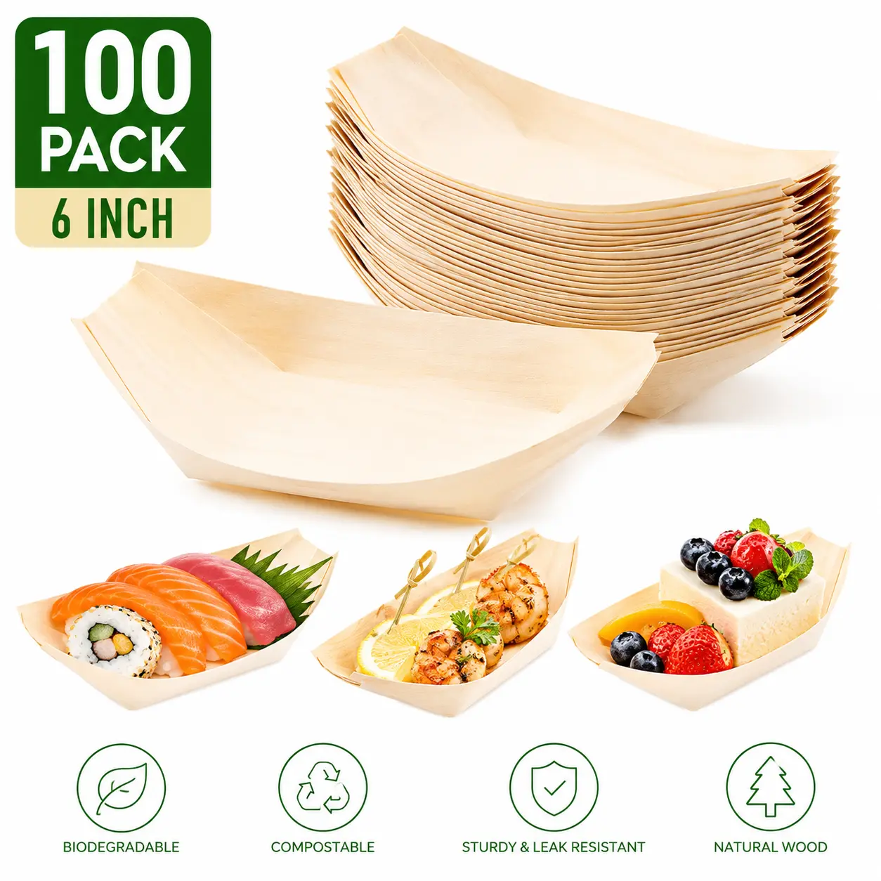 6-Inch Disposable Wood Serving Boats - 100 Pack Biodegradable Compostable Kitchen Trays for Appetizer Sushi Buffet Serving