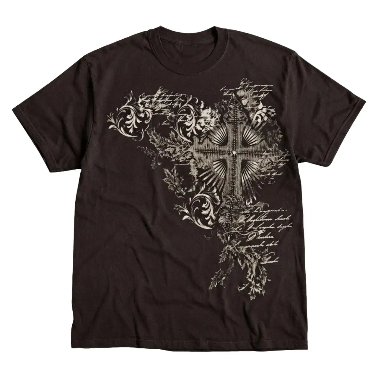 Y2K Ornate Cross Graphic T-Shirt, Dark Chocolate Brown Unisex Cotton Tee, Vintage Gothic Floral Shirt, Retro 2000s Scrollwork Graphic T-Shirt, Grunge Streetwear Gift