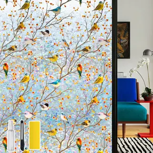 Dktie 17.7" x 78.7" Rainbow Bird Resting Pattern Stained Glass Decorative Privacy Window Film, Anti-UV & Heat Blocking, Easy Install Electrostatic Cling, Deliver installation tools