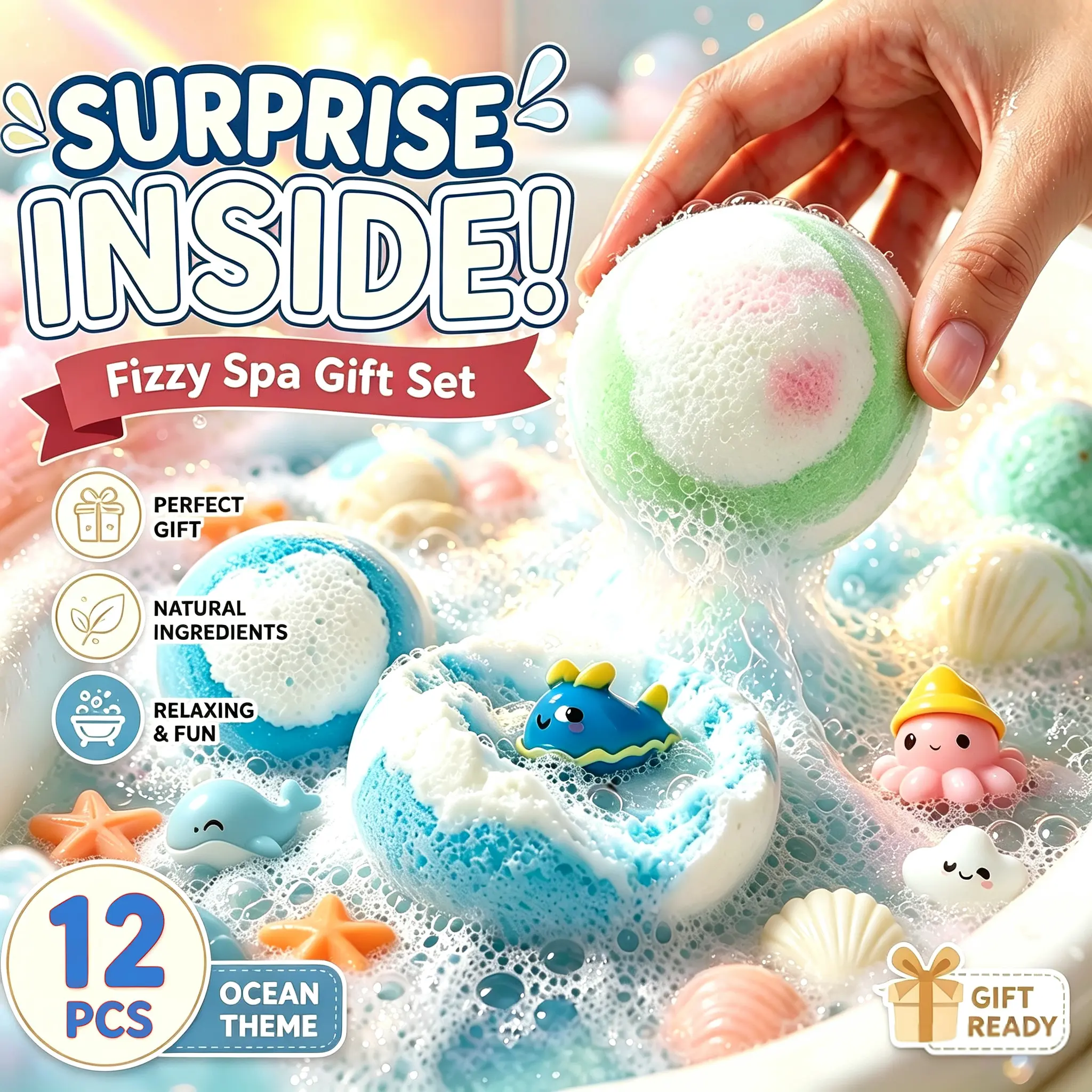 Ocean Bath Ball Set Rich Foam Essential Oil Explosion Shower Ball Comfortable Enjoyable Gift With Surprise Inside Perfect For Wife Girlfriend Sisters On Birthday & Anniversary & Valentine's Day & Holiday Gift For Kids & Adults