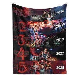 Stranger Things" themed throw blanket, with eye-catching poster-style artistic patterns, full of energetic sci-fi elements, warm and soft, perfect for use as a sofa, bed cover, decoration, fan gifts, must-have blanket for binge-watching TV series.