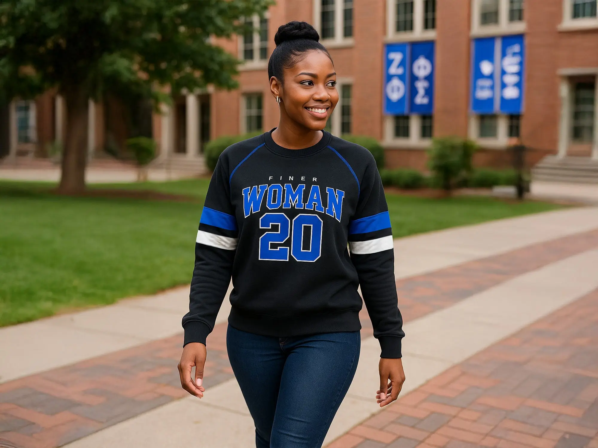 Zeta Phi Beta Embroidered Crewneck Pullover, Black Cotton Fleece Sweatshirt with "Finer Woman" & 20 Design