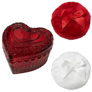 3 Pcs Large Powder Puff Set, Heart-shaped Glass Container with Soft Plush Makeup Puffs, Washable & Reusable, Cute Vanity Décor for Wet and Dry Makeup, Red