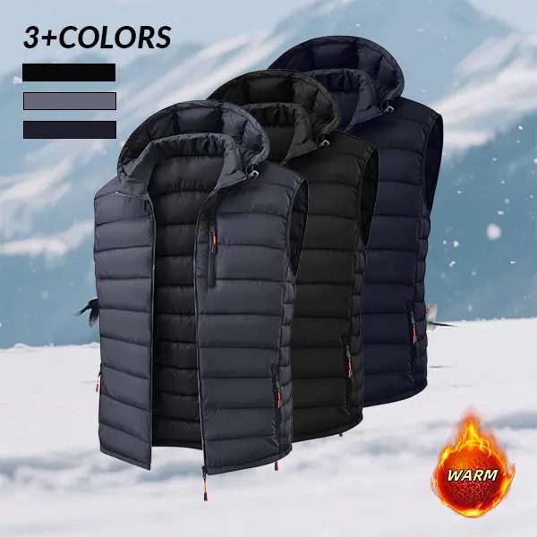 Men's Casual Basic Hooded Neck Polyester Sleeveless Vest - Short Length, Zip Closure, Windproof, Lightweight, Zippered Pockets, Autumn-Winter Layering, Outdoor Hiking