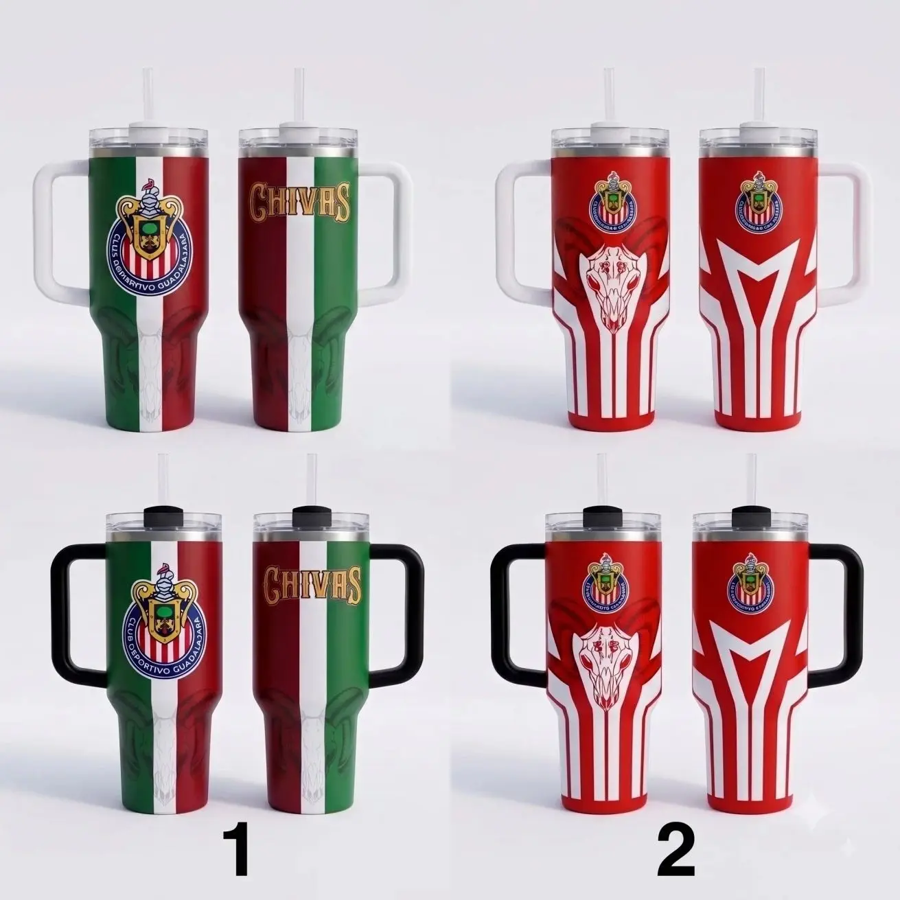 Chivas Guadalajara Mexican Flag & Ram Skull 40oz Stainless Steel Tumbler with Handle | Soccer Fan Travel Mug with Straw, Chivas Guadalajara Mexico Flag Tri-Color 40oz Tumbler with Handle