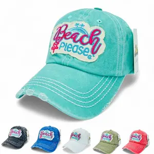 "Beach Please" Vintage Distressed Embroidered Patch Baseball Cap - 100% Cotton, Breathable, Casual, Adjustable, UV Protection
