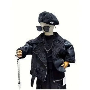 Cool Motorcycle Gift for Boys, Black Faux Fur Lined Jacket, Thickened Warm Winter Coat, Trendy Pilot Style, Machine Washable, Suitable for Black Friday, Christmas, Thanksgiving, Halloween, Ages 8-12