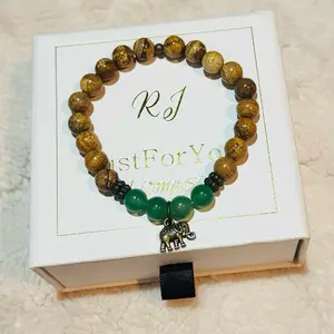 RJ Elephant Good Luck Charm Bracelet - Featuring Green and Brown Beads, Beaded Design, Gift Box Packaging