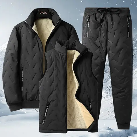Men's 3-Piece Casual Outerwear Set - Thick Fleece-Lined Polyester Long Sleeve Mock Neck Jacket, High-Quality Winter Zip-Up Vest, Elastic Waistband Drawstring Pocket Pants, Plain Windproof Warm Ski Gear, Machine Washable