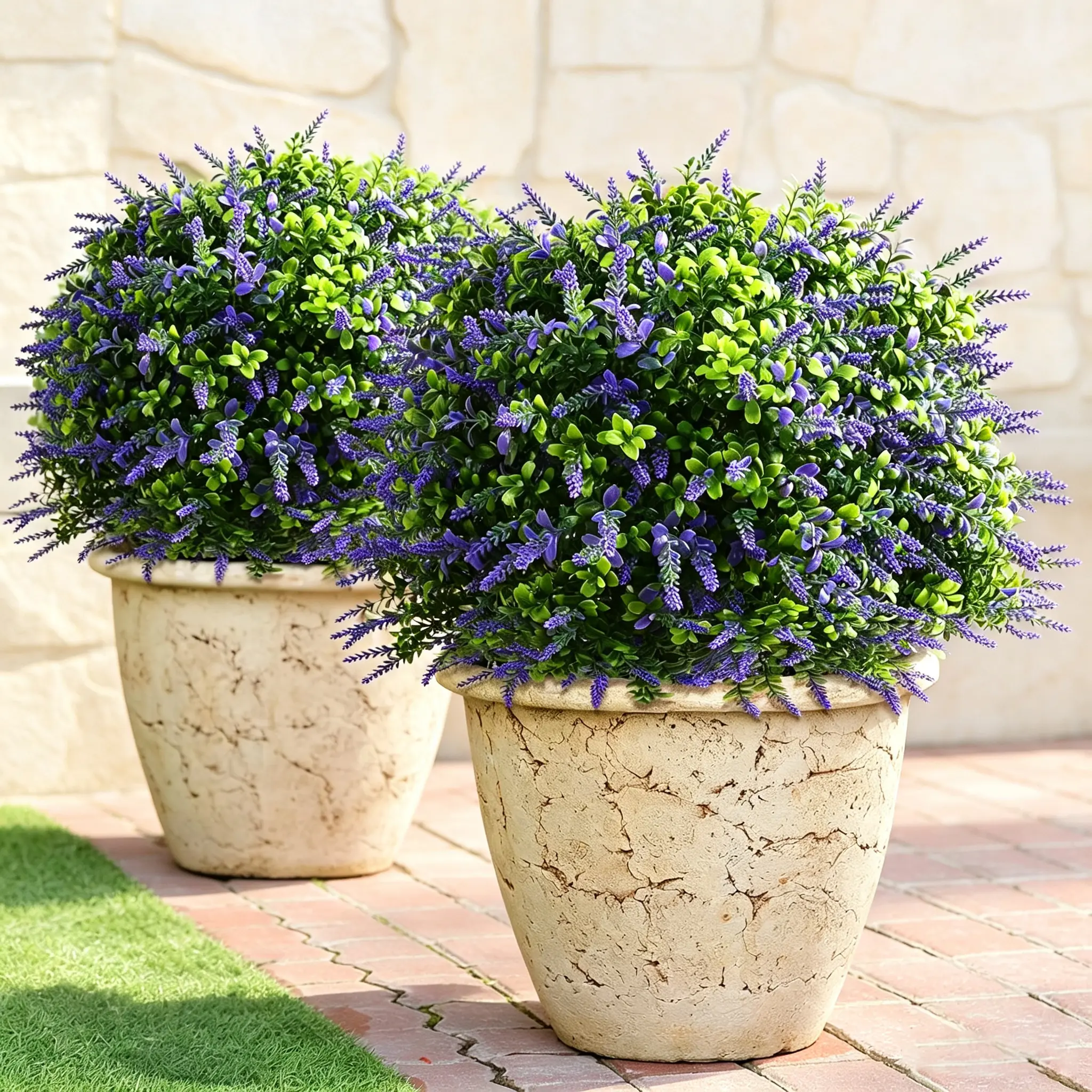 24 Inch Boxwood Topiary Balls with Lavender 2 Pack, UV Resistant All-Weather Faux Artificial Topiary with Ground Spike, Realistic Outdoor Fake Plants, No Maintenance Evergreen Shrubs for Front Door, Porch, Patio, Yard, Home Spring & Year Round Decor
