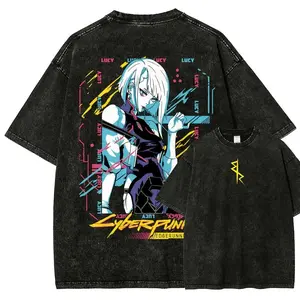 Cyberpunk Edgerunners Shirt, Lucy Oversized Tshirt, Vintage Anime Graphic Tee, Acid Wash Streetwear, Neon Pink Cyan Graphic Top, Heavyweight Cotton Harajuku Apparel, Unisex Tee