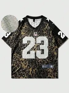 Vintage Aesthetic Leopard Print Football Jersey Shirt featuring Bling Crystal Detail, Loose Fit Blockcore Style Stylish Jersey Sports Top for Urban Streetwear, Trendy Harajuku Summer Fashion