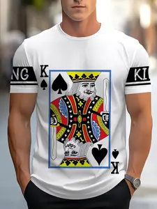 King Card Pattern Short Sleeve T-Shirt, Men's Casual Streetwear Loose Fit Round Neck Summer Top, Fashion Graphic Tee Without Collar