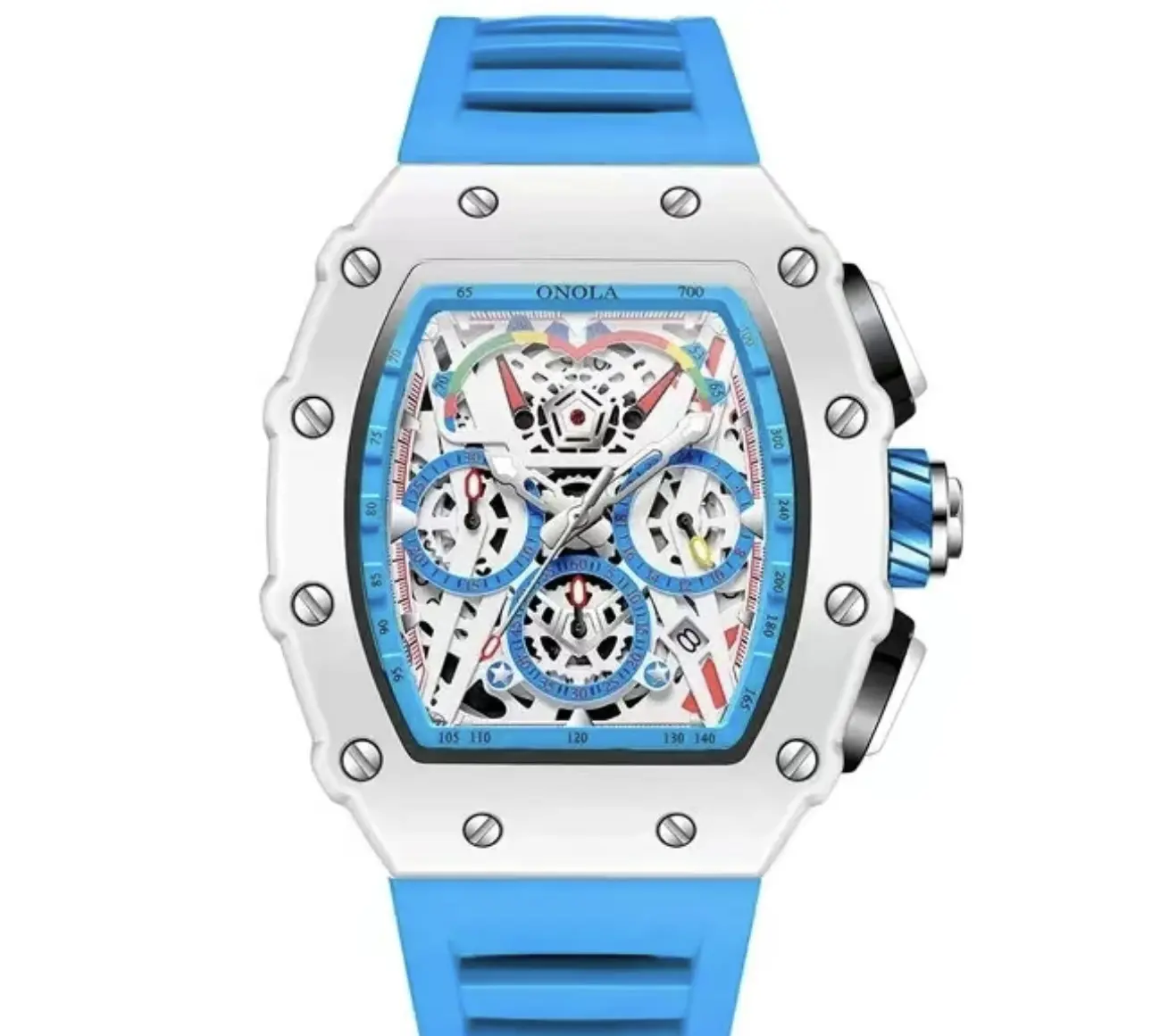 White perforated dial with white and blue border bezel, 44mm, rubber strap, automatic mechanical watch