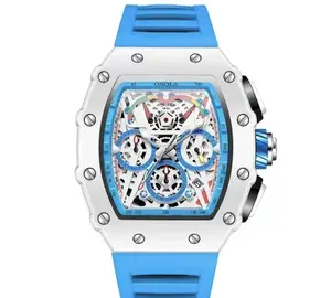 White perforated dial with white and blue border bezel, 44mm, rubber strap, automatic mechanical watch