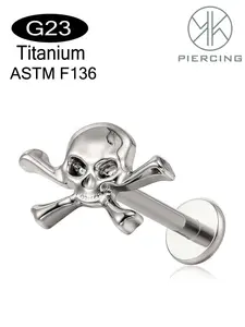 F136 Titanium Hypoallergenic Skull Piercing Jewelry, Flat Back Internally Threaded Implant Stud Earrings for Cartilage, Punk Style, Fashion Body Jewelry