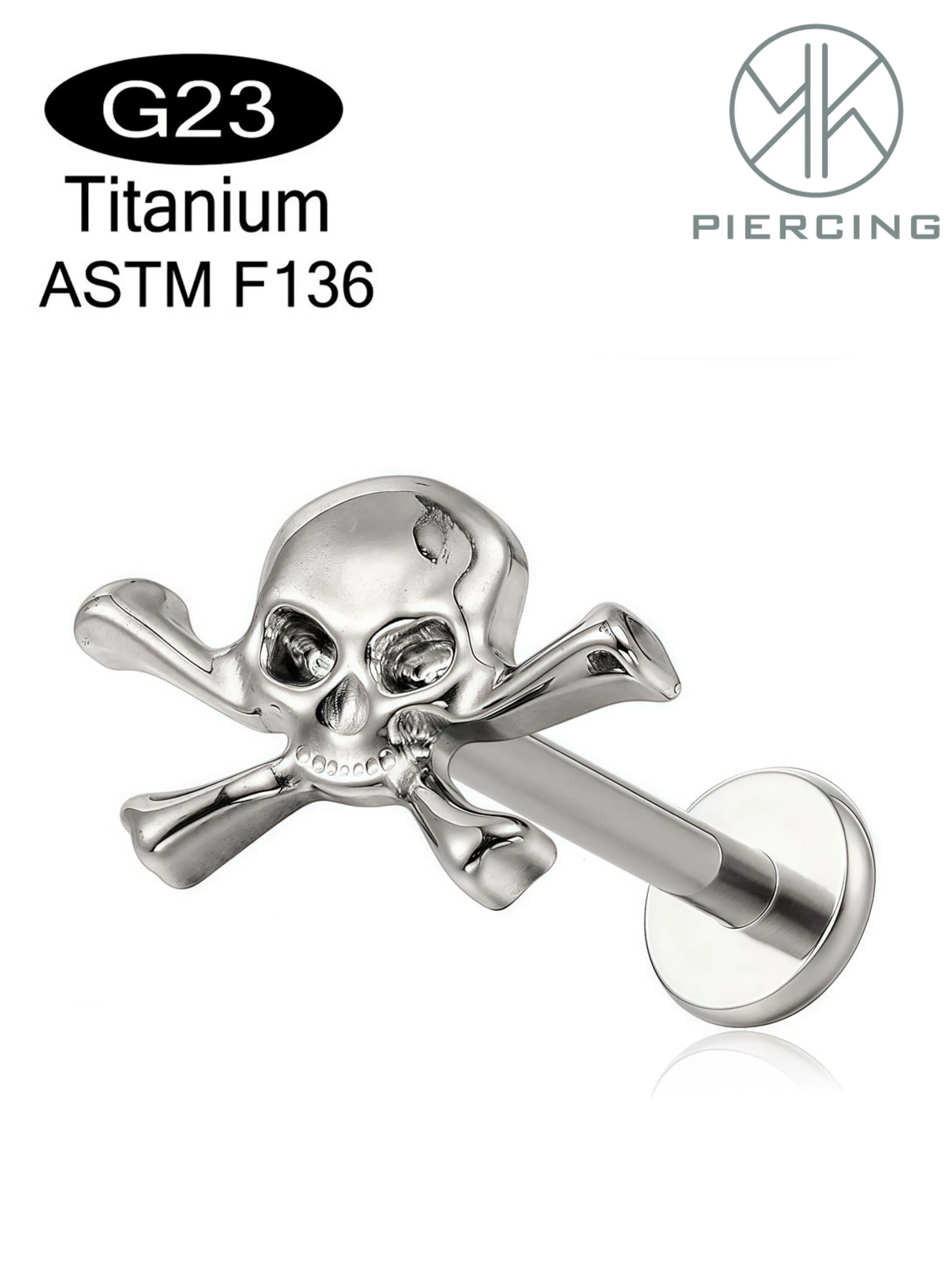 F136 Titanium Hypoallergenic Skull Piercing Jewelry, Flat Back Internally Threaded Implant Stud Earrings for Cartilage, Punk Style, Fashion Body Jewelry, Labret Studs, Body Piercings