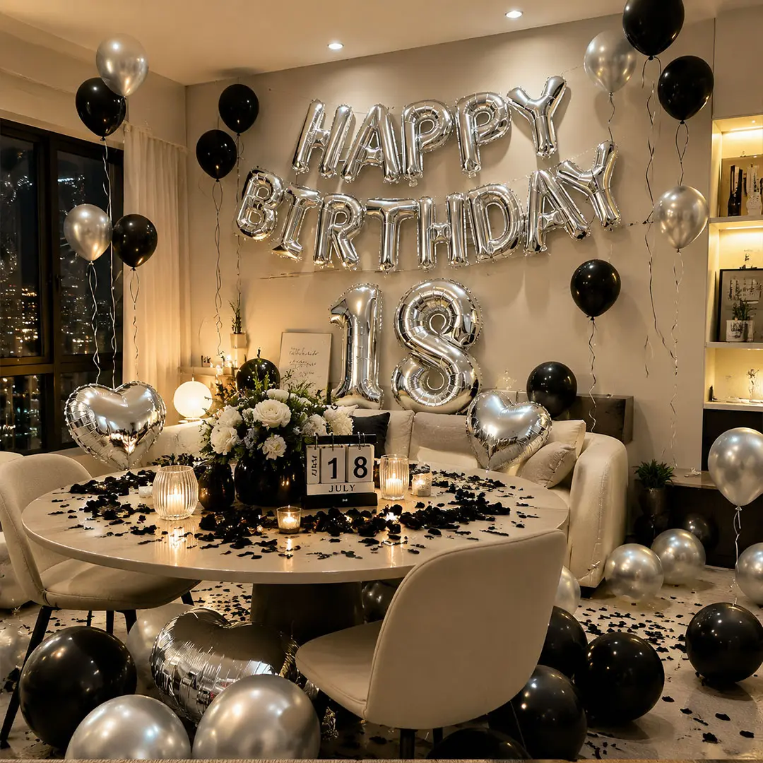 All-in-One 1050Pcs Silver Birthday Decorations | Happy Birthday Banner, Heart Aluminum Foil Balloons & Rose Petals, Elegant Decor for Birthday Party, Wedding Anniversary & Photo Backdrop