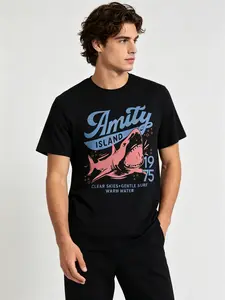 Men's Pure Cotton Gym Tee Retro Ocean Shark Movie Theme Graphic Round Neck Loose Fit Casual Summer Top Wear