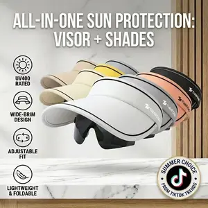 2 in 1 UV400 UPF50+ Sun Visor Hat with Built-In Sunglasses, 3.7" Wide Brim Quick Dry Sweat Wicking Empty Top Visor, Adjustable Lightweight Foldable Sport Cap for Golf Running Hiking Beach Tennis Unisex