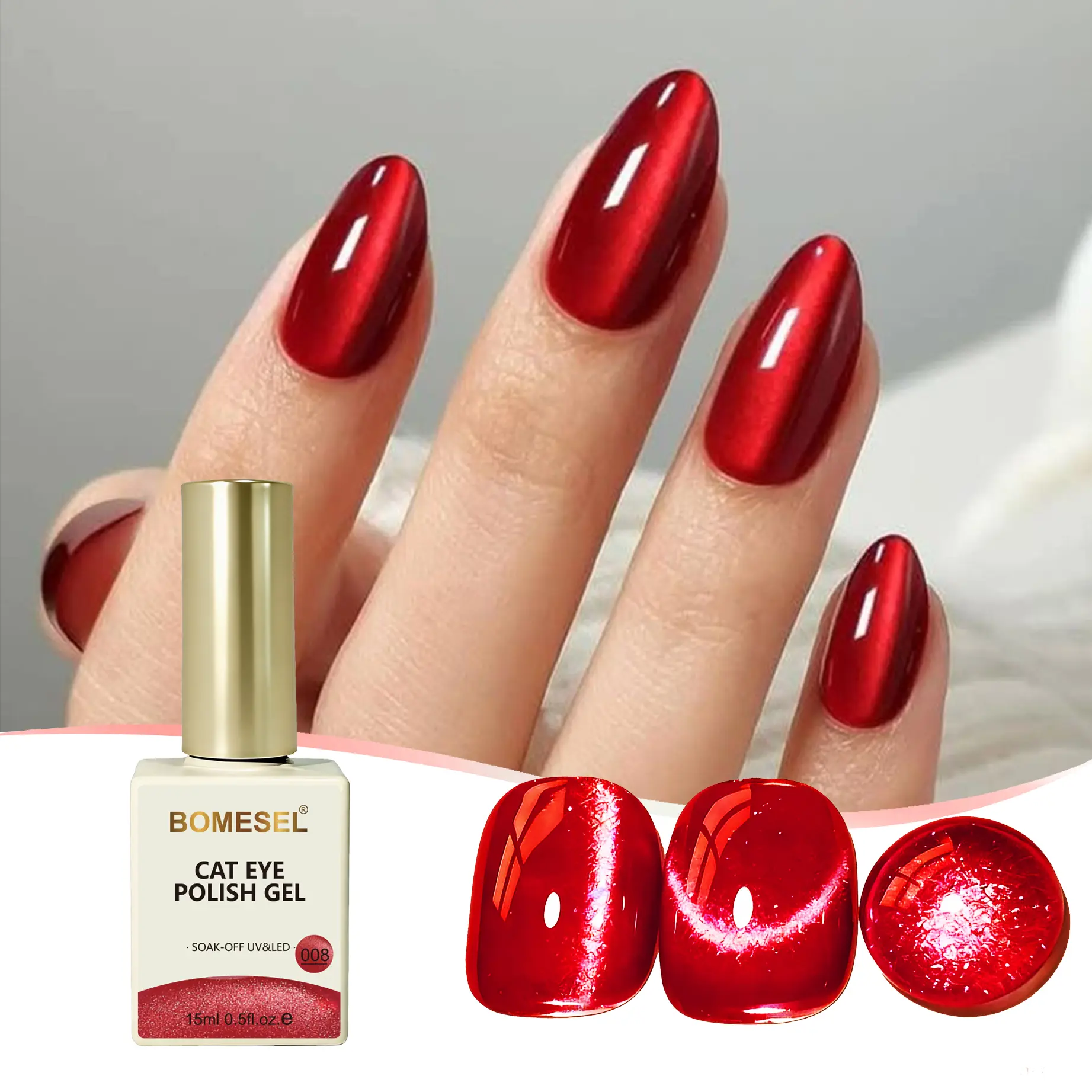 BOMESEL Cat Eye Gel Nail Polish — 15 mL large-capacity deep red gel nail polish, high color payoff holographic glitter powder, smudge-resistant, removable, UV/LED curing, salon-quality DIY nails, perfect manicure results