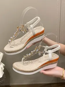 Women's Summer New Wedge Heel Thick Sole Vacation Beach Shoes, Rhinestone Toe Roman Sandals Classic Platform Slip-On Shoes Casual Beach Sandals