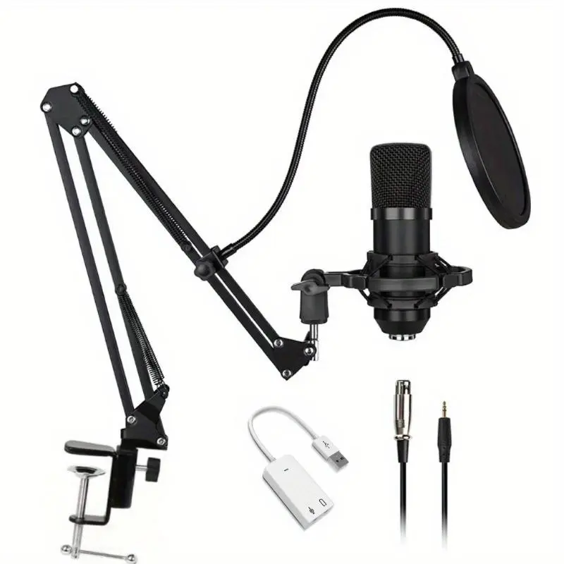 Wired Recording Condenser Microphone Kit with Adjustable Boom Arm Stand, Dual Pop Filter, Windscreen, USB Sound Card Adapter – Plug & Play, No Driver Needed for Streaming, Podcasting, Recording