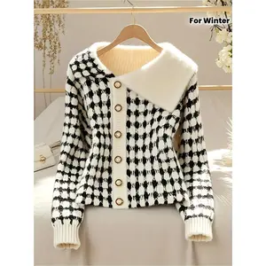 Women's Elegant Collar Button-Front Sweater Jacket - Winter Warm Structured Blazer-like Coat, Solid Grey Long Sleeve for Office, Semi-Formal & Casual Wear, Korean-Inspired Layering Piece (Hand Wash/Dry Clean)
