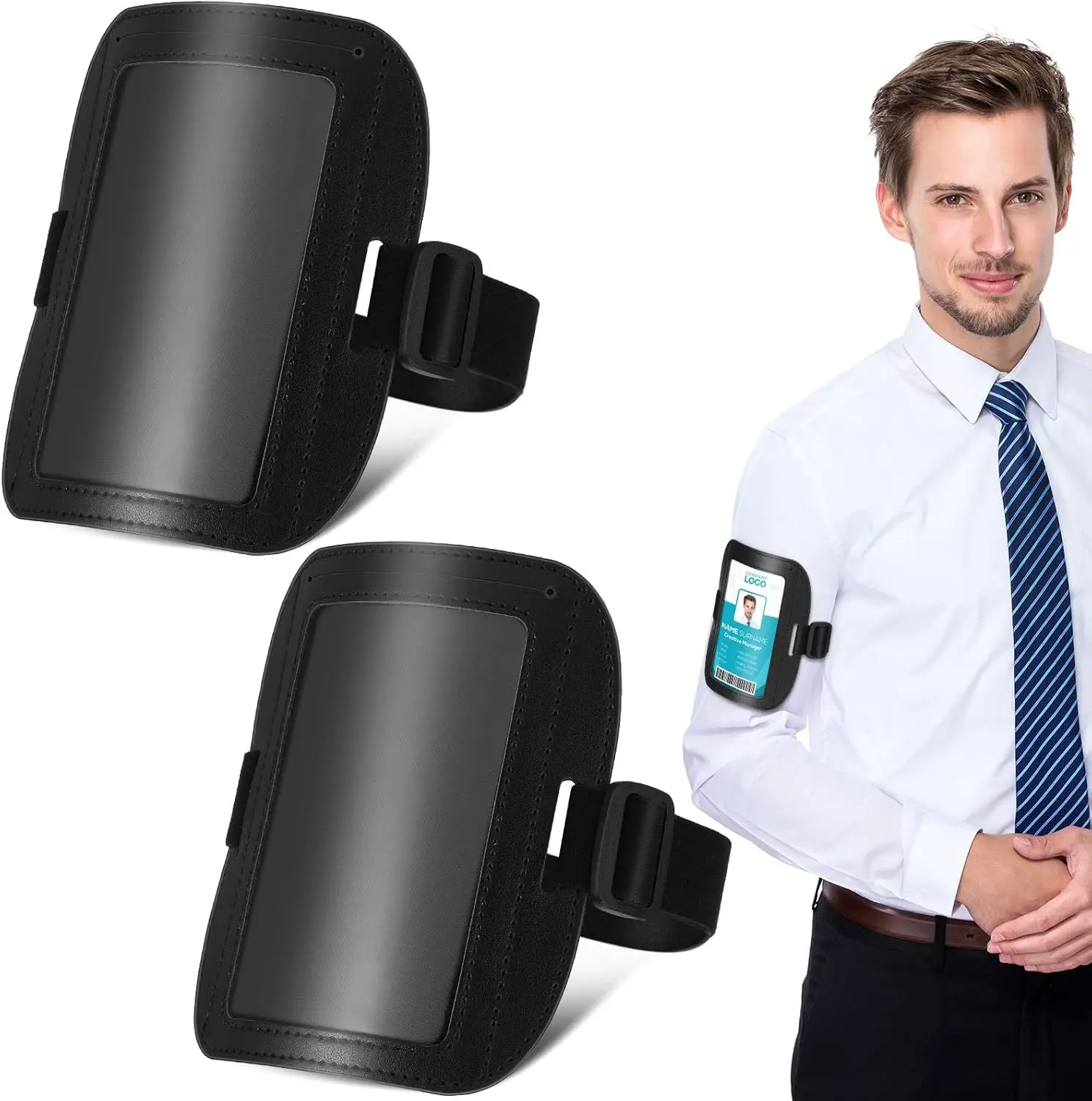2 Pcs Arm Badge Holder for Men Leather ID Armband Adjustable Badge Holder with Elastic Arm Band Waterproof Ski Pass Armband for Work Postcards Office Business Supplies(Black)