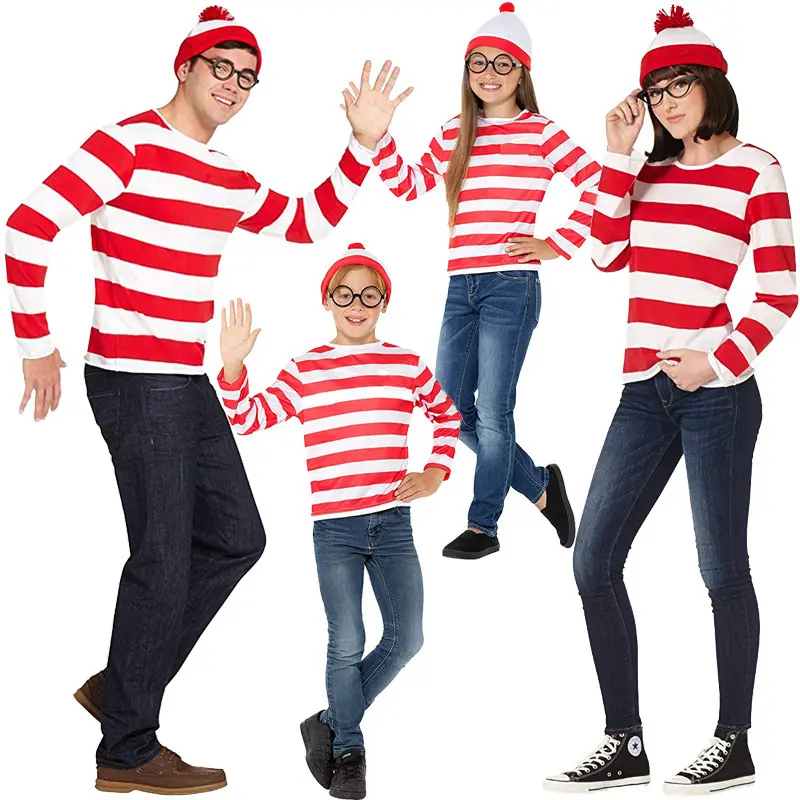 Men's Classic Long-Sleeve Striped Where's Wally Cosplay Shirt & Costume - Rayon Fabric, Multi-Size, British Book Lovers' Halloween Outfit, Includes Special Occasion Wear, Black Jeans, Leggings, Kids' Top + Hat + Glasses Frame, Striped Shirt