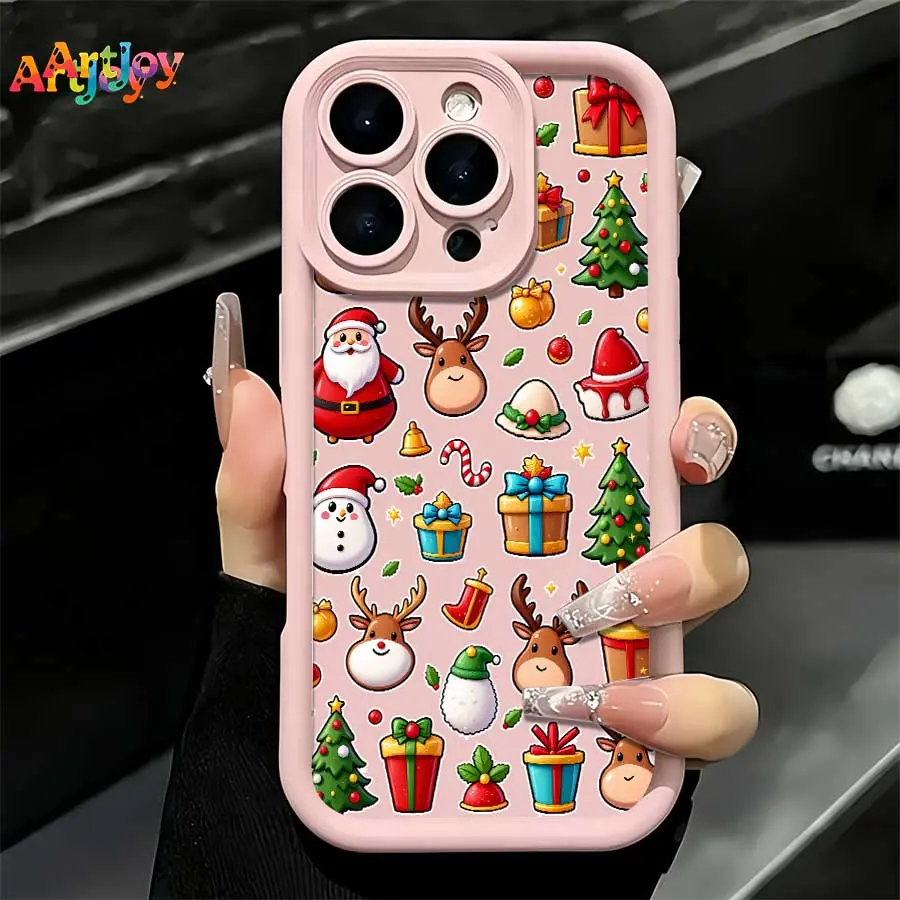 hockproof Phone Case With All-over Santa, Reindeer, Christmas Tree & Gift Box Cartoon Illustration, Sweet Girly Festive, Trendy And Eye-catching, for iPhone 17 Pro Max, 16, 16 Plus, 15, 14, 13, 12 – Ideal Birthday, Holiday Gift