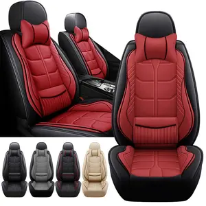 5-Seats Full Set Car Seat Covers, Luxury Waterproof Nappa Leather Cushion Protectors, 40/60 Split Front and Rear Bench Seat, Full Surround Car interior Cushions, Universal Fit for Cars Sedans SUVs - (Black/Red Line)