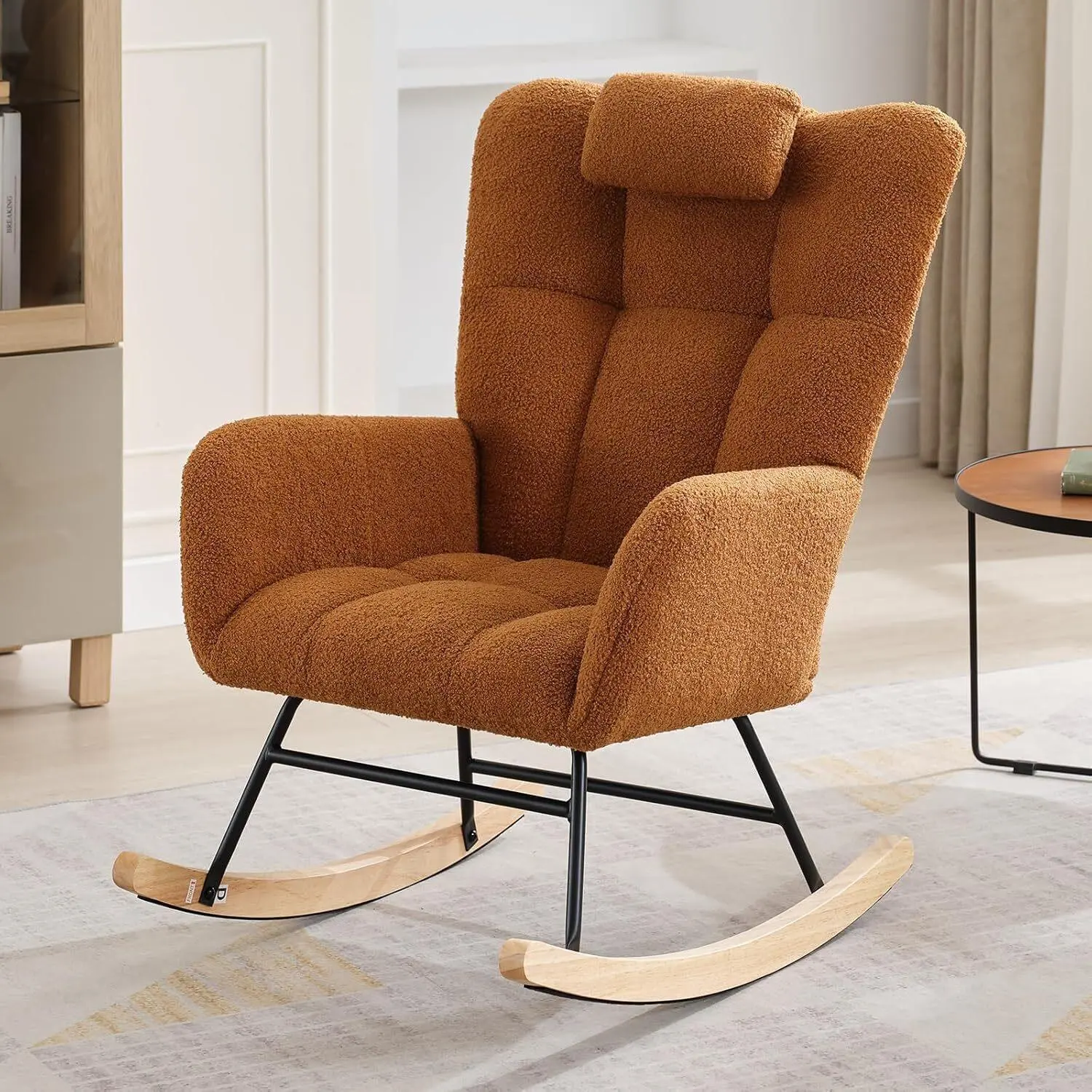 Brown Tufted-Button Wingback Rocking Chair - Upholstered Padded Seat, High Backrest, Armchair for Bedroom, Home Office