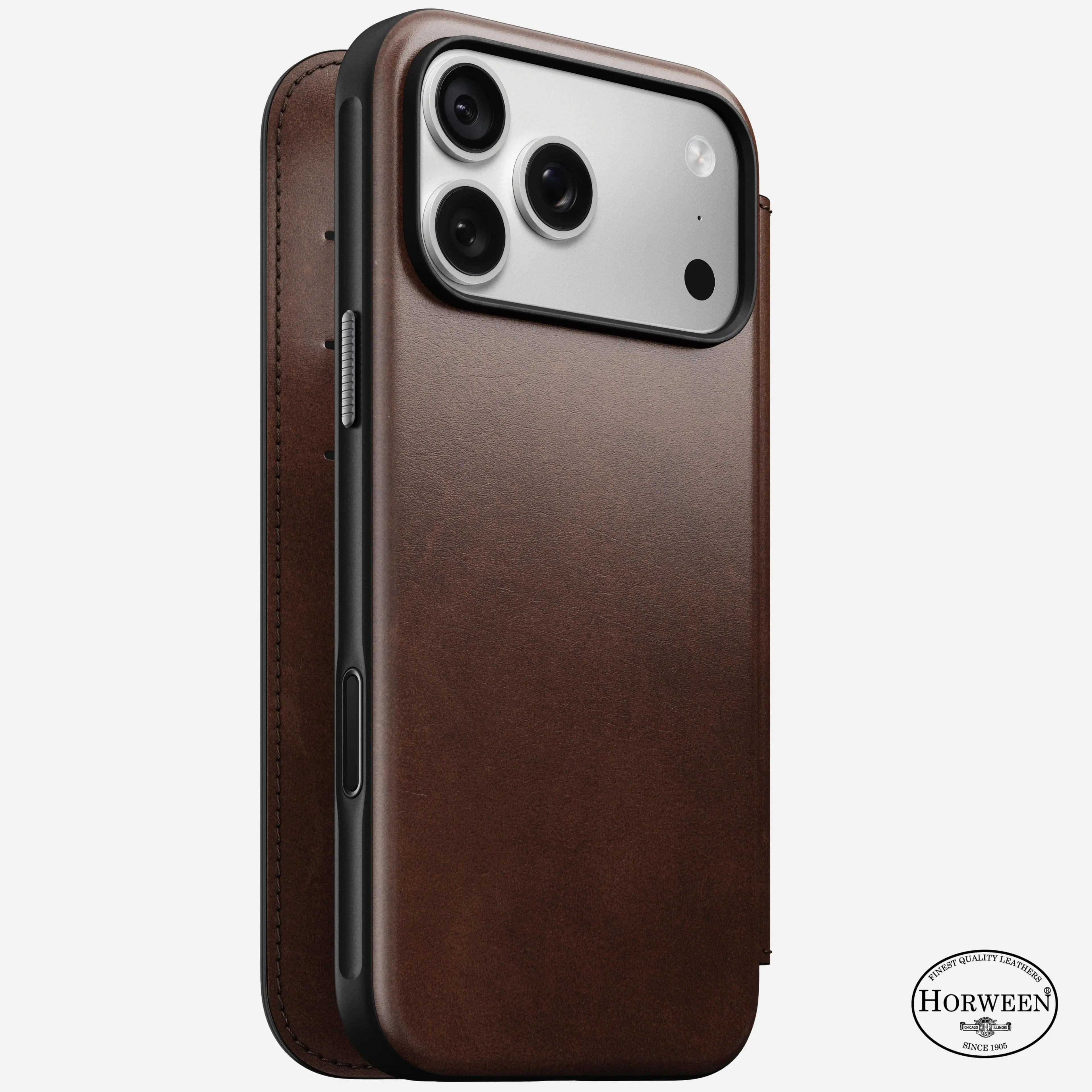 Modern Leather Folio Cover for iPhone 18 Pro Max - Rustic Brown Horween Cellphone Casing with Protection & Card Slot